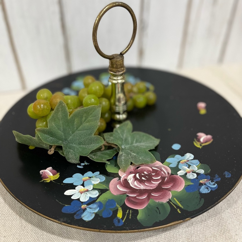 Vintage Center Handled Black Serving Tray w/ Tole Painted Design